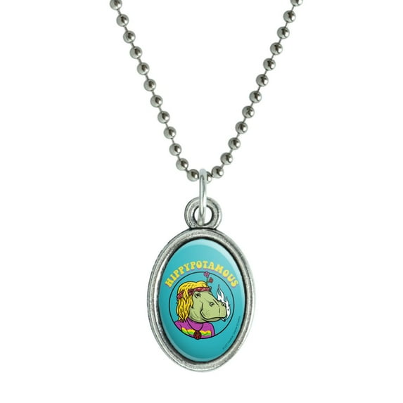 Hippypotamous Hippy Hippo Funny Humor Antiqued Oval Charm Pendant with Chain