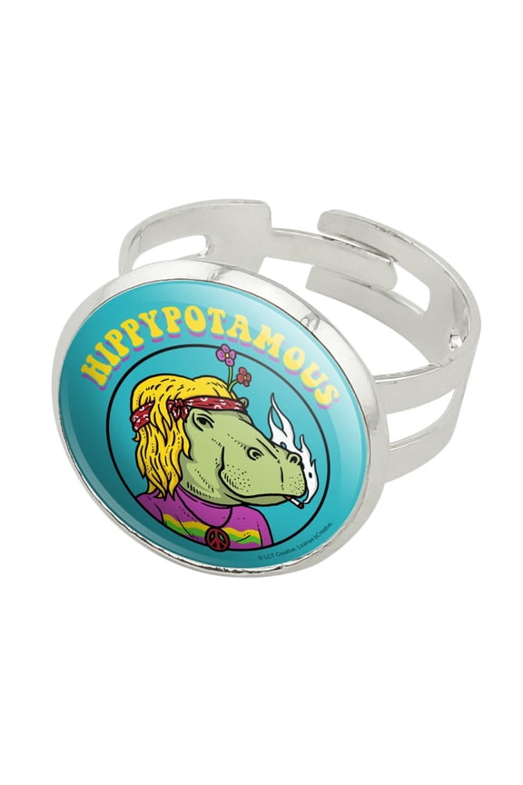 Hippypotamous Hippy Hippo Funny Humor Silver Plated Adjustable Novelty Ring