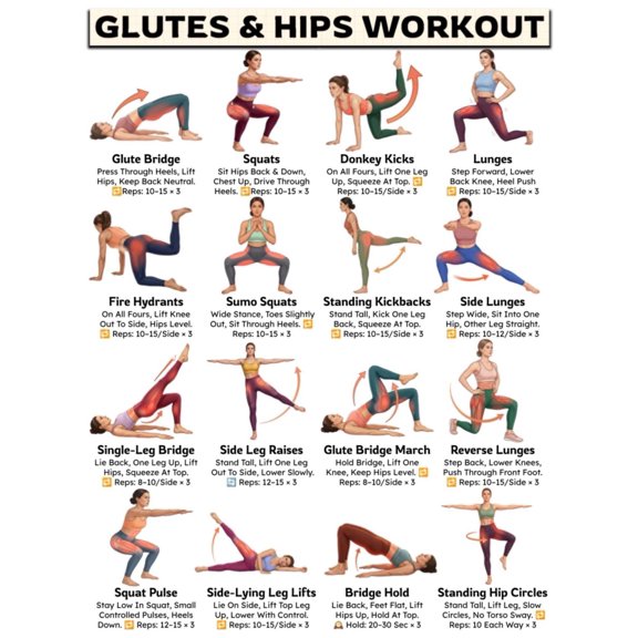 Hips And Glutes Exercise, Lower Body Workout, Booty & Legs Training Chart poster Home Gym Butt Workout Poster For Women Leg Day Plan poster