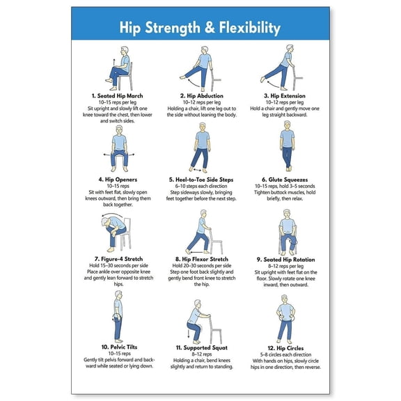 Hips Exercises for Seniors Posters Seated Workout Charts for Seniors & Beginners  Chair and Standing Mobility Routine Home Gym Chart Living Room Bedroom Home Gym Decor poster