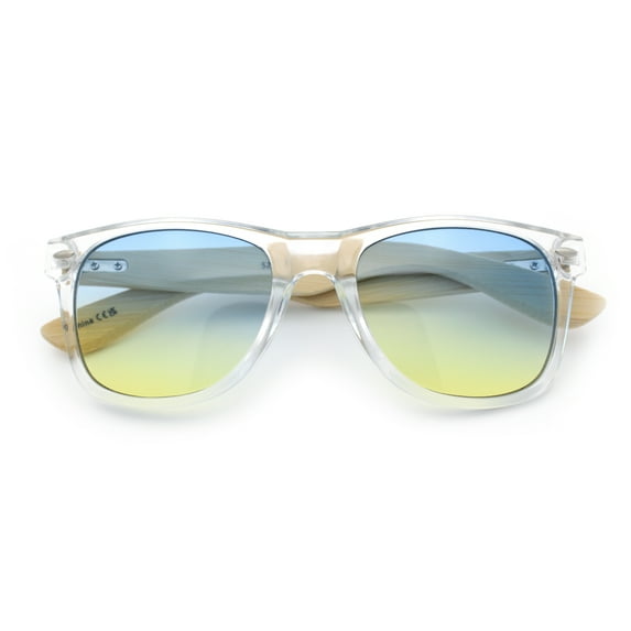Hipster Bamboo Wood Arm Rectangle Clear Horn Rim Plastic Sunglasses Clear - Blue Yellow