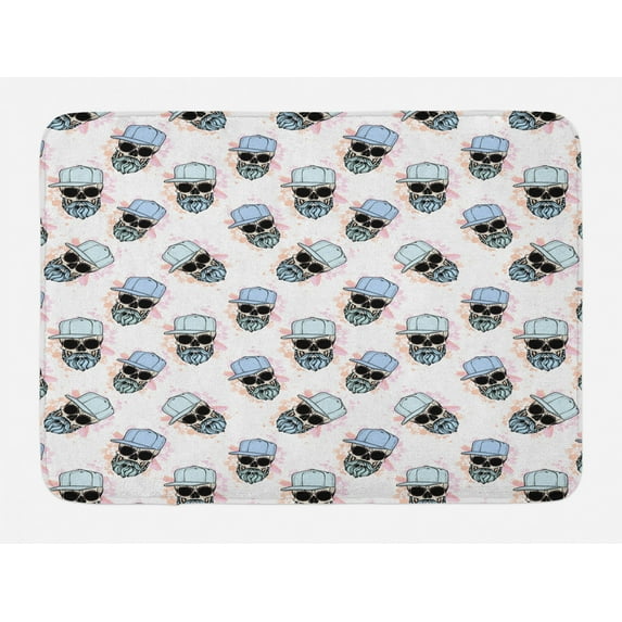Hipster Bath Mat, Repeating Funny Pattern of Skulls with Long Beard Hat and Sunglasses on Splashes, Plush Bathroom Decor Mat with Non Slip Backing, 29.5" X 17.5", Multicolor, by Ambesonne