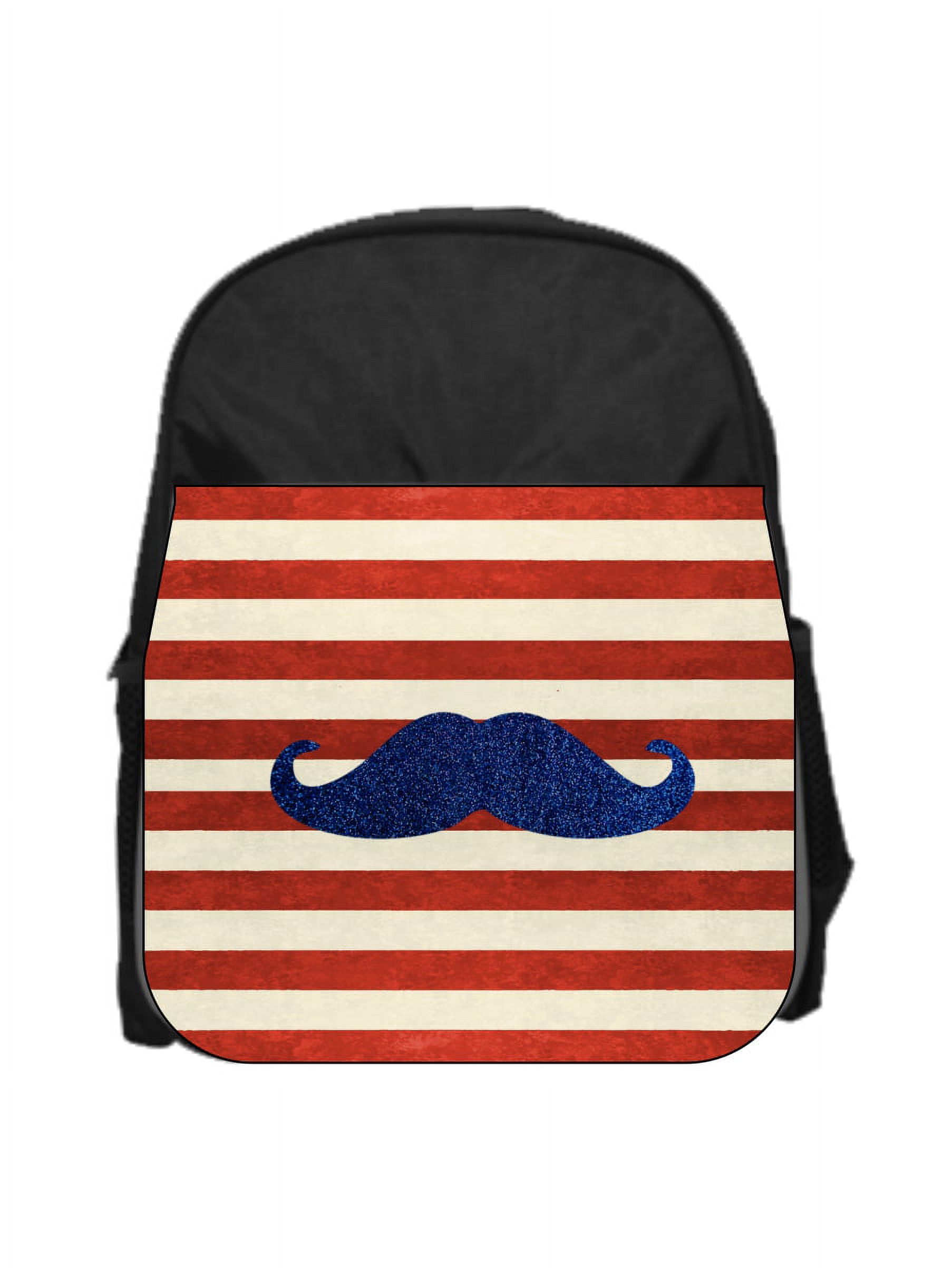 Hipster Blue Mustache on Beige and Red Stripes - 13" x 10" Black Preschool Toddler Children's Backpack - image 1 of 2
