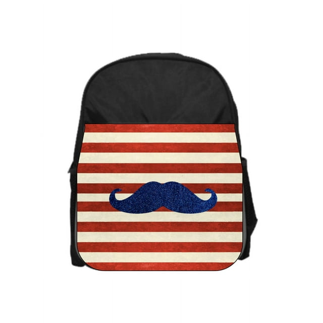 Hipster Blue Mustache on Beige and Red Stripes - 13" x 10" Black Preschool Toddler Children's Backpack
