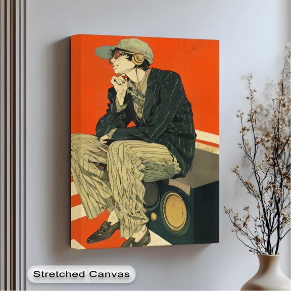 Hipster Boy Art Urban Style Red Background Gold Home Decor Office Wall Art Living Room Decor, Paper Poster Only