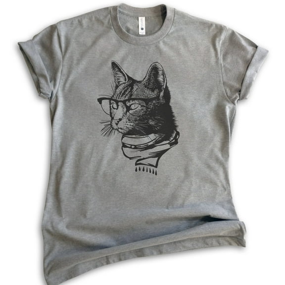 Hipster Cat Shirt, Unisex Women's Men's Shirt, Cat Lover Shirt, Cat Glasses Tee, Nerdy Tee, Cat Mom Shirt, Dark Heather Gray, X-Large