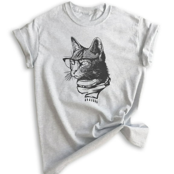 Hipster Cat Shirt, Unisex Women's Men's Shirt, Cat Lover Shirt, Cat Glasses Tee, Nerdy Tee, Cat Mom Shirt, Heather Ash, X-Small