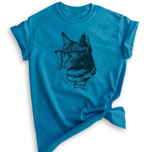 Hipster Cat Shirt, Unisex Women's Men's Shirt, Cat Lover Shirt, Cat Glasses Tee, Nerdy Tee, Cat Mom Shirt, Heather Blue, Small