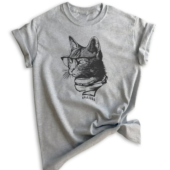Hipster Cat Shirt, Unisex Women's Men's Shirt, Cat Lover Shirt, Cat Glasses Tee, Nerdy Tee, Cat Mom Shirt, Heather Gray, Medium