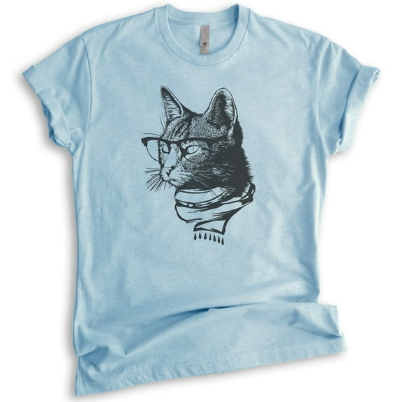Hipster Cat Shirt, Unisex Women's Men's Shirt, Cat Lover Shirt, Cat Glasses Tee, Nerdy Tee, Cat Mom Shirt, Heather Light Blue, Medium