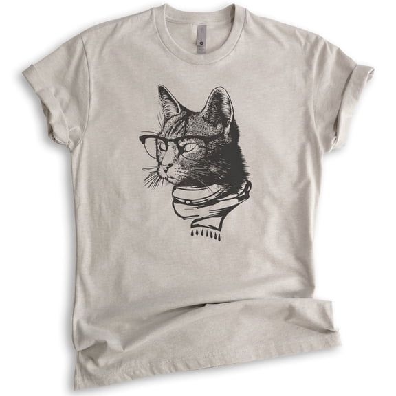 Hipster Cat Shirt, Unisex Women's Men's Shirt, Cat Lover Shirt, Cat Glasses Tee, Nerdy Tee, Cat Mom Shirt, Light Silk Gray, Medium