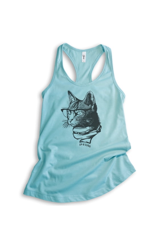 Hipster Cat Tank Top, Ladies Racerback Tank Top, Cat Lover Tank, Cat Glasses Tank, Nerd Tank, Cat Mom Tank, Cancun, Large