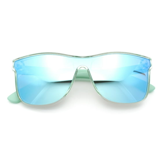 Hipster Color Mirror Inset Shield Lens Horn Rim Retro Plastic Sunglasses Clear Green - Mint Mirror
