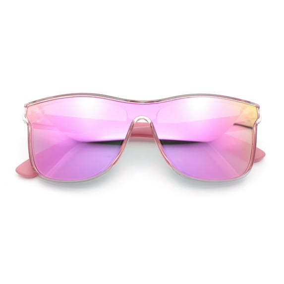 Hipster Color Mirror Inset Shield Lens Horn Rim Retro Plastic Sunglasses Clear Pink - Pink Mirror