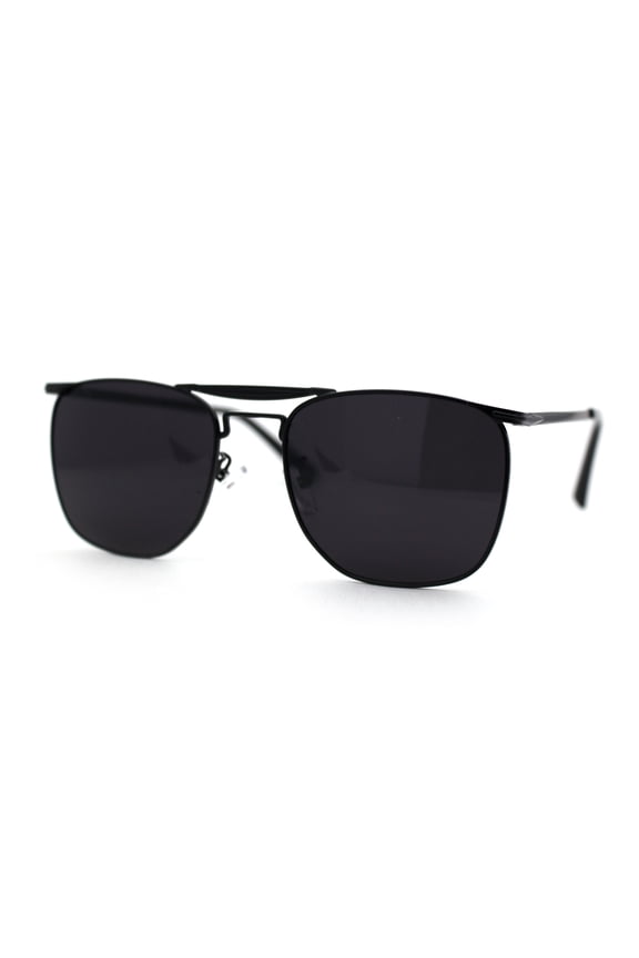 Hipster Crossbar Double Bridge Rectangle Metal Rim Sunglasses All Black