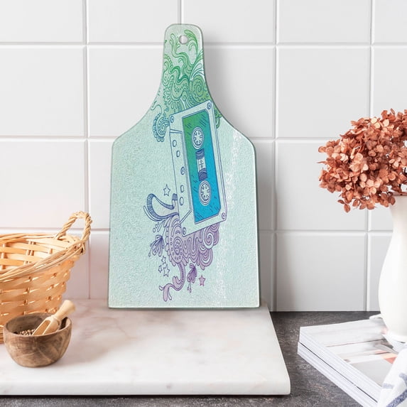 Hipster Cutting Board, Audio Cassette Tape with Line Art Floral Musical Old Fashion Melody Print, Tempered Glass Cutting and Serving Board, Wine Bottle Shape, Blue Mint Purple, by Ambesonne