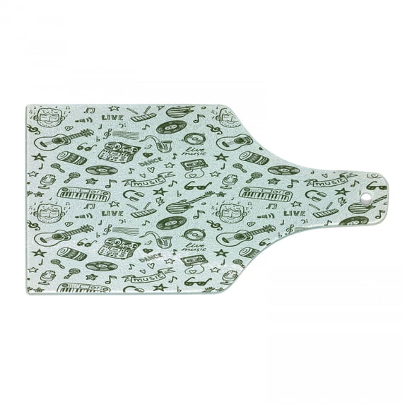 Hipster Cutting Board, Hand Drawn Nostalgic Fun Dance Disco Theme Various Musical Instruments, Tempered Glass Cutting and Serving Board, Wine Bottle Shape, Olive Green and White, by Ambesonne