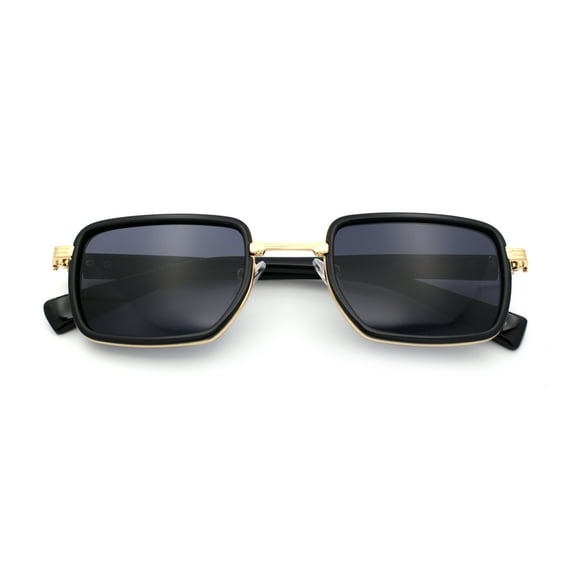 Hipster Dad Fashion Double Rim Narrow Rectangular Luxury Sunglasses Gold - Black