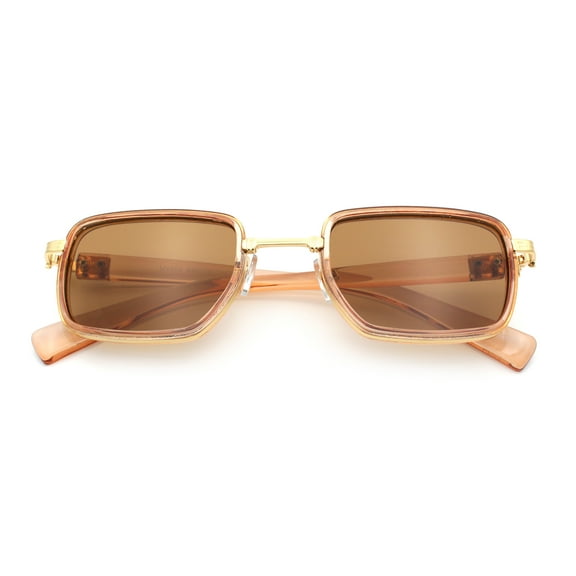 Hipster Dad Fashion Double Rim Narrow Rectangular Luxury Sunglasses Gold Peach - Brown