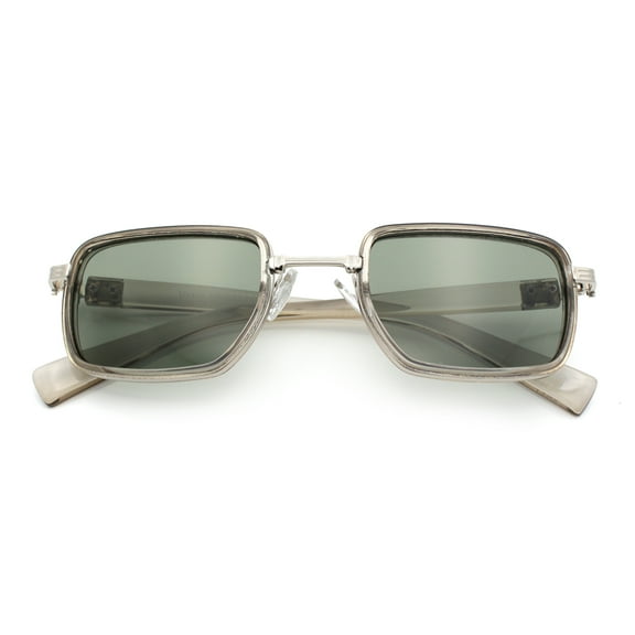 Hipster Dad Fashion Double Rim Narrow Rectangular Luxury Sunglasses Silver Slate - Green