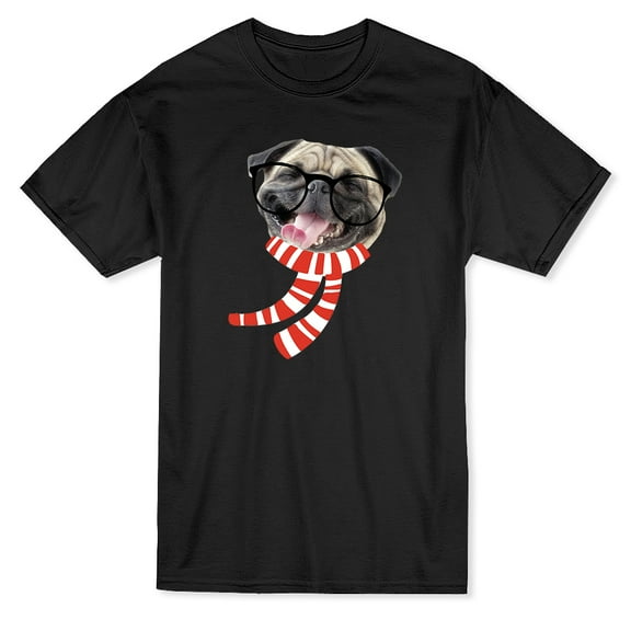 Hipster Dog Happy Pug Design Men Black T-Shirt, Male x-Large