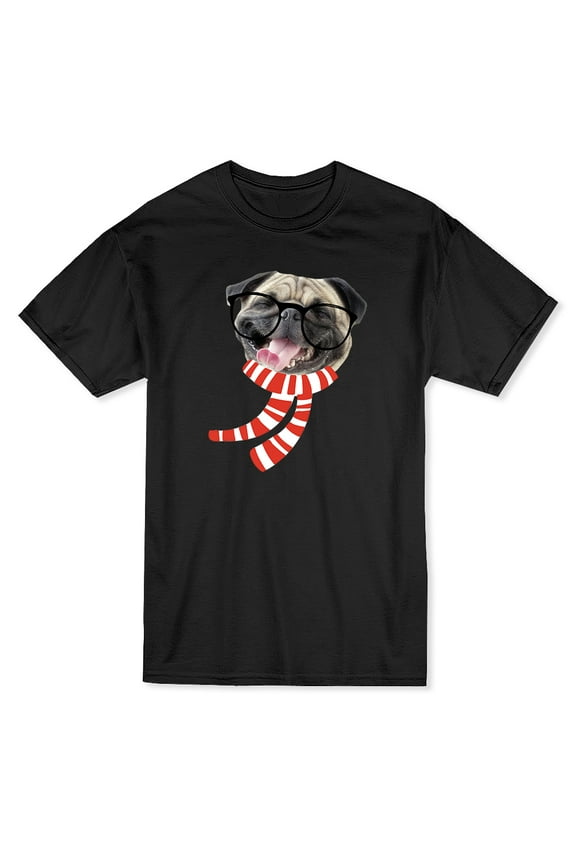 Hipster Dog Happy Pug Design Men Black T-Shirt, Male x-Large