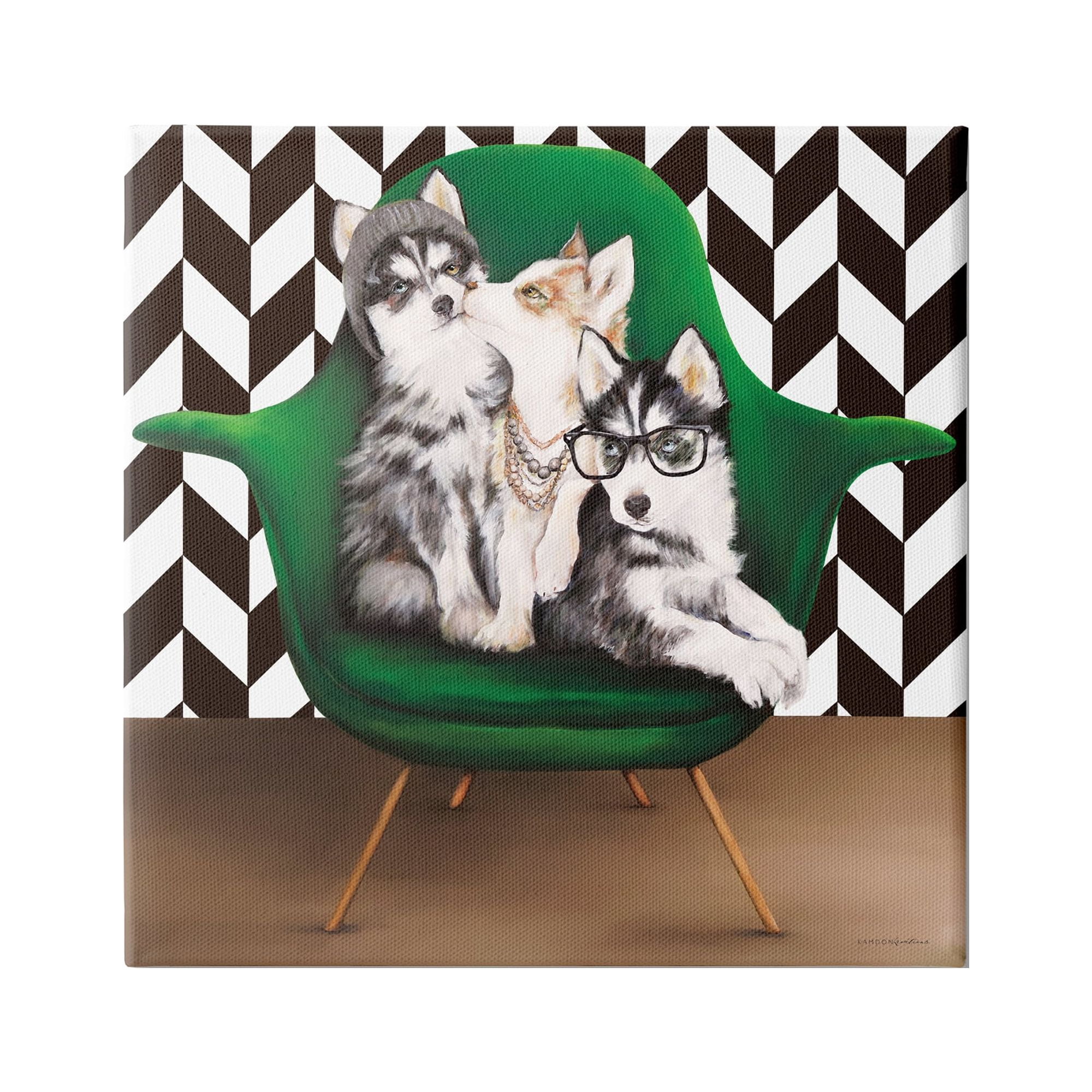 Hipster Dogs Green Mod Chair Modern Room Interior 36 in x 36 in Painting Canvas Art Print, by Stupell Home Décor