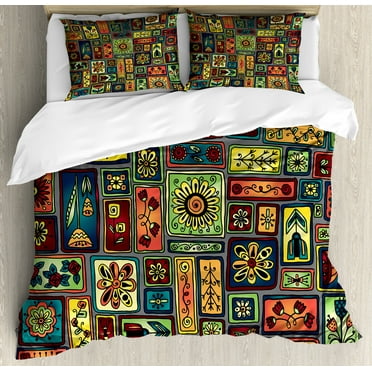 Hipster Duvet Cover Set, Abstract Doodle Flowers Leaves and Hearts in Geometrical Shapes Rectangles Squares, Decorative 3 Piece Bedding Set with 2 Pillow Shams, Calking Size, Multicolor, by Ambesonne