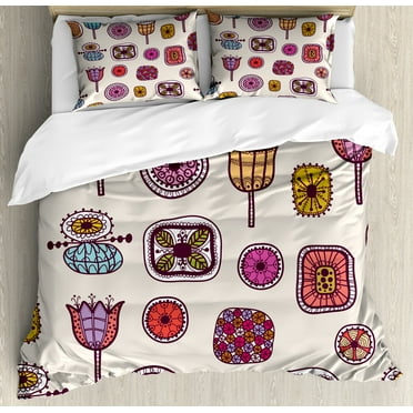 Hipster Duvet Cover Set, Abstract Shapes with Retro Inspired Colors Flowers Squares Circles Hand Drawn Art, Decorative 3 Piece Bedding Set with 2 Pillow Shams, Calking Size, Multicolor, by Ambesonne