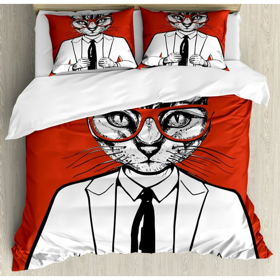 Hipster Duvet Cover Set, Funny Vintage Sketch of Businessman Cat with Glasses and Suit, Decorative 3 Piece Bedding Set with 2 Pillow Shams, Calking Size, Vermilion Charcoal Grey, by Ambesonne