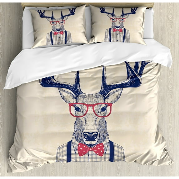 Hipster Duvet Cover Set, Humorous Portrait of Deer with Jazz Polka Dotted Bow and Shirt, Decorative 3 Piece Bedding Set with 2 Pillow Shams, King Size, Indigo Dark Coral, by Ambesonne