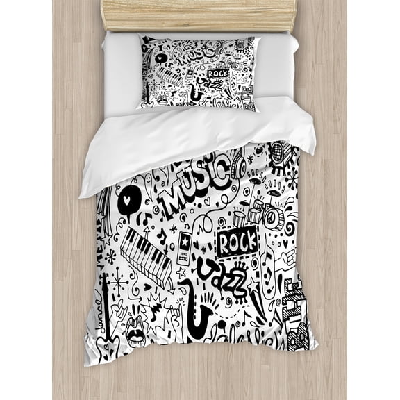 Hipster Duvet Cover Set, Music Themed Motif with Abstract Drawing Rock Jazz Blues Genre Classic Dancing, Decorative 2 Piece Bedding Set with 1 Pillow Shams, Twin Size, White and Black, by Ambesonne