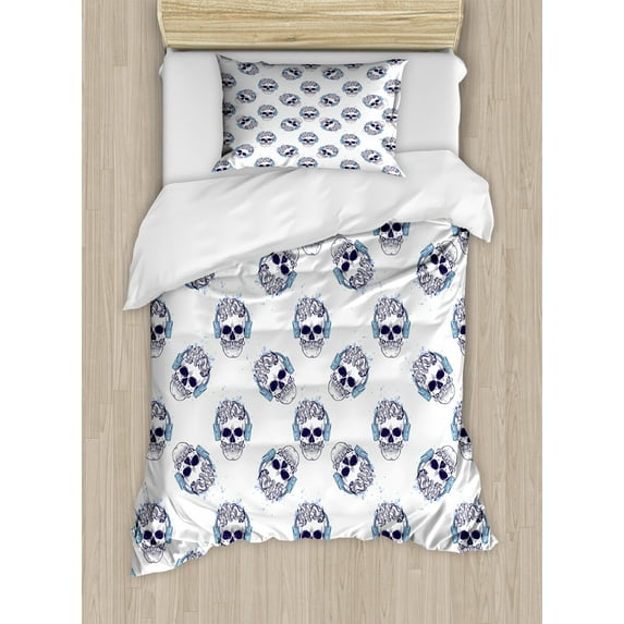 Hipster Duvet Cover Set, Pattern of Outline Skull with Headphones Splashes, Decorative 2 Piece Bedding Set with 1 Pillow Shams, Twin Size, Indigo Pale Sky Blue, by Ambesonne