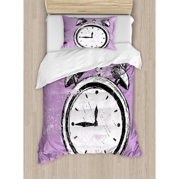 Hipster Duvet Cover Set, Retro Alarm Clock with Grunge Effects Classic Vintage Sleep Graphic, Decorative 2 Piece Bedding Set with 1 Pillow Shams, Twin Size, Purple White Black, by Ambesonne