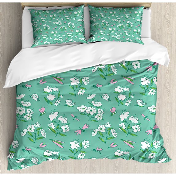 Hipster Duvet Cover Set, Spring Inspired Design Sketchy Drawing Blossoming Flying Scene Print, Decorative 3 Piece Bedding Set with 2 Pillow Shams, Calking Size, Seafoam and Pale Pink, by Ambesonne
