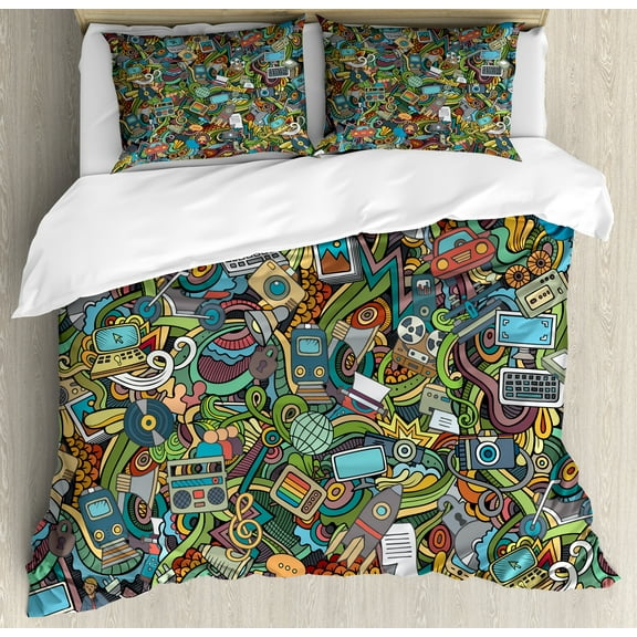 Hipster Duvet Cover Set, Variety of Social MediDevices Drawnbstract Manner Computer Photos Smartphone, Decorative 3 Piece Bedding Set with 2 Pillow Shams, Queen Size, Multicolor, by Ambesonne