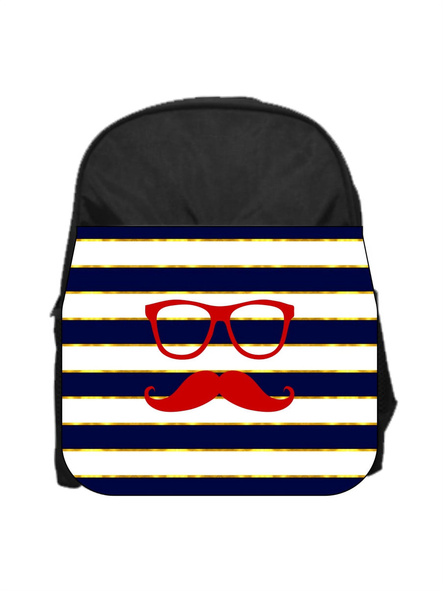Hipster Elements Glasses and Mustache on Gilded Navy Stripes - 13" x 10" Black Preschool Toddler Children's Backpack - image 1 of 2