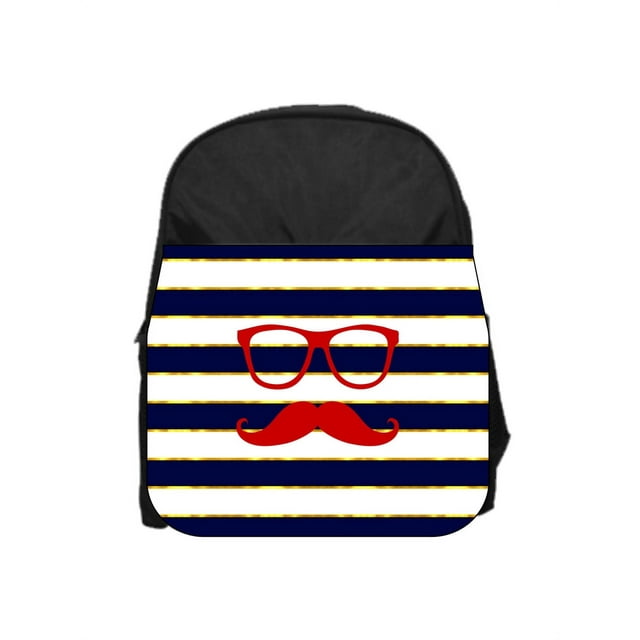 Hipster Elements Glasses and Mustache on Gilded Navy Stripes - 13" x 10" Black Preschool Toddler Children's Backpack