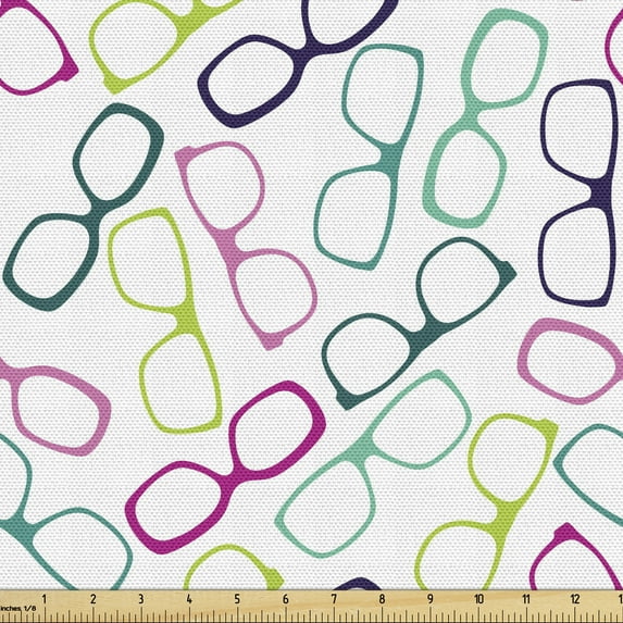 Hipster Fabric by the Yard, Colorful Eyeglasses Scattered on a Plain Background Nerdy Bookworm Items Scene, Decorative Upholstery Fabric for Chairs & Home Accents, Multicolor by Ambesonne