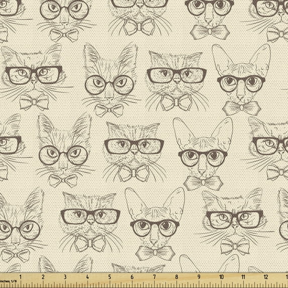Ambesonne Hipster Fabric by the Yard Upholstery, Cats Neck Ties Glasses, 2 Yards, Beige and Chocolate