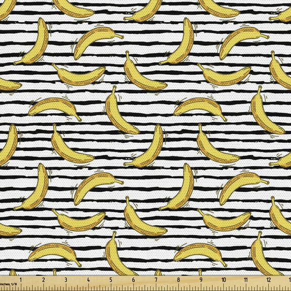 Hipster Fabric by the Yard, Hand Drawn Style Exotic Bananas on a Black White Striped Background, Upholstery Fabric for Dining Chairs Home Decor Accents, 3 Yards, Yellow Black White by Ambesonne