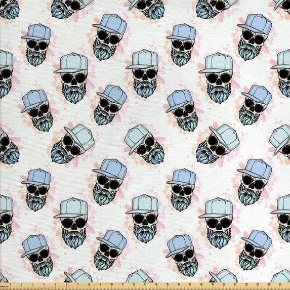 Ambesonne Hipster Fabric by the Yard Upholstery, Long Beard Skull with Hat, 5 Yards, Multicolor