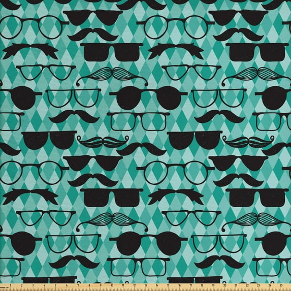 Hipster Fabric by the Yard, Repetitive Mustache and Glasses Masculine Art, Decorative Upholstery Fabric for Chairs & Home Accents, Seafoam Charcoal Grey by Ambesonne