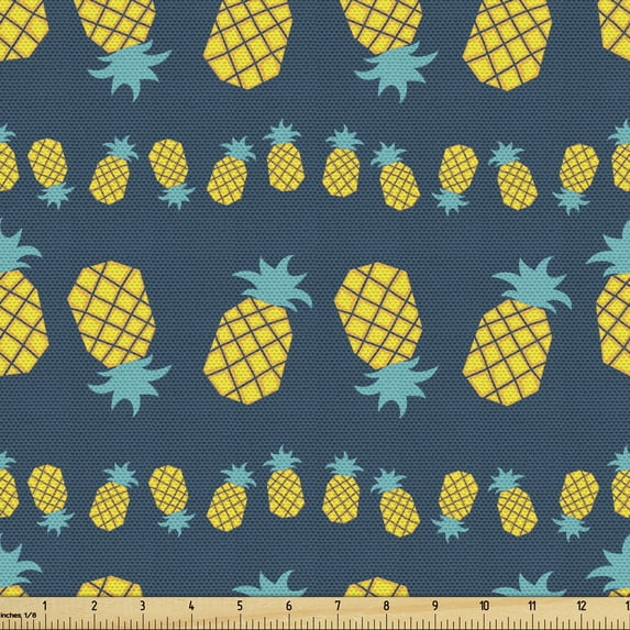 Ambesonne Hipster Fabric by the Yard Upholstery, Pineapples in Flat Style, 2 Yards, Yellow and Petrol Blue