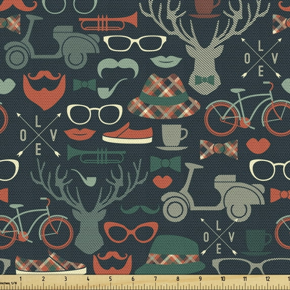 Ambesonne Hipster Fabric by the Yard Upholstery, Items Caribou Moustache, 2 Yards, Multicolor