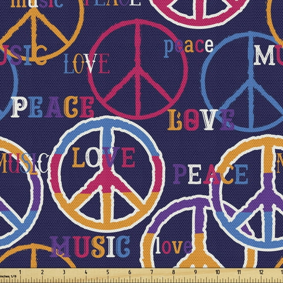 Ambesonne Hipster Fabric by the Yard Upholstery, Love Music Retro Peace Sign, 2 Yards, Multicolor