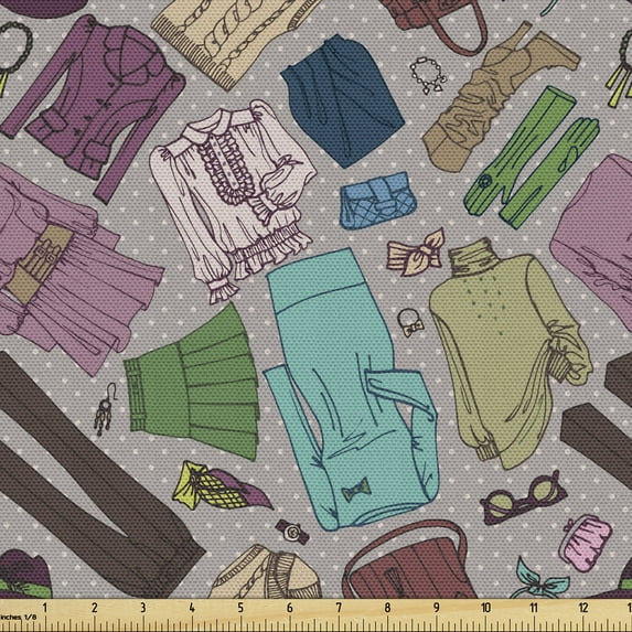 Ambesonne Hipster Fabric by the Yard Upholstery, Woman Clothing Fashion, 2 Yards, Multicolor