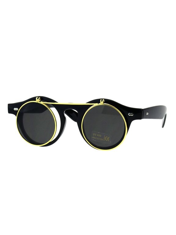 Hipster Filp Up Circle Lens Plastic Horned Sunglasses All Black
