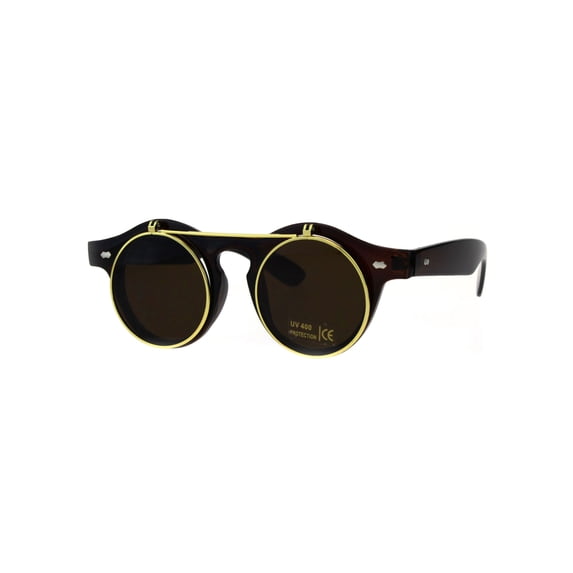 Hipster Filp Up Circle Lens Plastic Horned Sunglasses All Brown