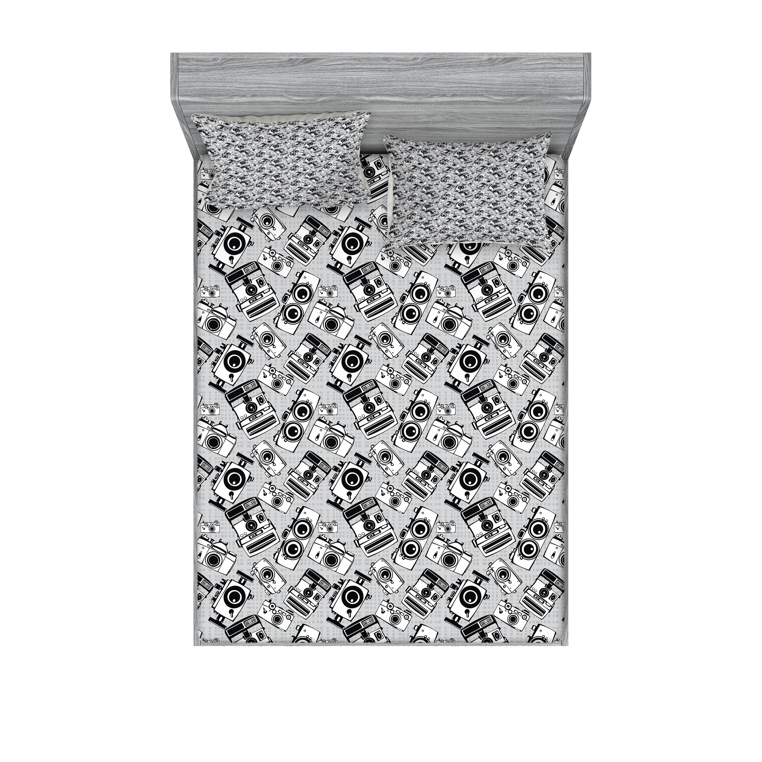Hipster Fitted Sheet & Pillow Sham Set, Vintage Film Photo Cameras Grayscale Pattern Photography Hobby Theme, Decorative Printed 6 Piece Bedding Decor Set, Calking, Pale Grey White, by Ambesonne